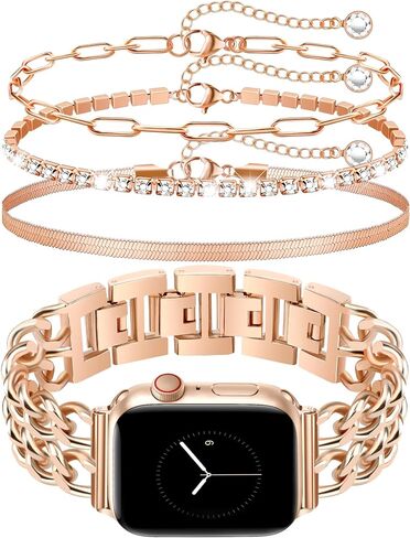 JR.DM Gold Watch Bands for Women Compatible with Apple Watch 38mm 40mm 41mm 42mm (S10/11) Adjustable Metal Band Cowboy Steel Chain Bracelet for iWatch Series1/2/3/4/5/6/7/8/9/10/11 SE 3/2/1 (No Case) in Kuwait