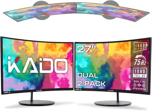Kado Dual Monitor Setup - 2-Pack 27" Curved 1500R 1920x1080 Computer Monitor 75Hz VESA Mount HDMI Office Gaming Built-in Speakers (C27 Dual Series) in Kuwait