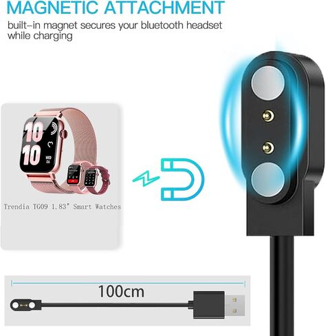 Compatible with Trendia Smart Watches Charger, 1M Magnetic Replacement Charging Compatible for Trendia TG09 1.83" Smart Watches (2 Pack-Black+White, 7.62mm Charger) in Saudi Arabia