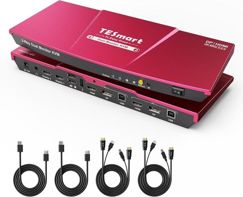 TESmart USB 3.0 DisplayPort + HDMI KVM Switch 2 شاشات 2 أجهزة كمبيوتر 4K@60 هرتز، شاشة مزدوجة KVM Switch 2 منفذ عرض ممتد، محاكيات EDID، سماعة رأس، مفتاح Hotkey، مفتاح زر مع جميع الكابلات in Kuwait
