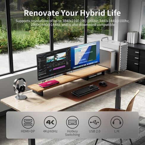TESmart USB 3.0 DisplayPort + HDMI KVM Switch 2 شاشات 2 أجهزة كمبيوتر 4K@60 هرتز، شاشة مزدوجة KVM Switch 2 منفذ عرض ممتد، محاكيات EDID، سماعة رأس، مفتاح Hotkey، مفتاح زر مع جميع الكابلات in Kuwait
