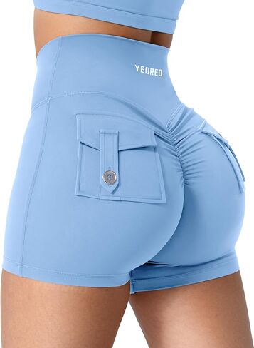 YEOREO Scrunch Workout Shorts with Pockets Charm Gym Biker Shorts for Women High Waisted Yoga Booty Shorts Light Blue S in Saudi Arabia