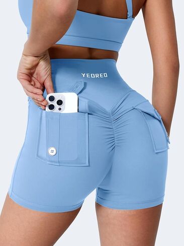 YEOREO Scrunch Workout Shorts with Pockets Charm Gym Biker Shorts for Women High Waisted Yoga Booty Shorts Light Blue S in Saudi Arabia