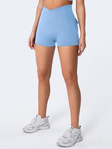 YEOREO Scrunch Workout Shorts with Pockets Charm Gym Biker Shorts for Women High Waisted Yoga Booty Shorts Light Blue S in Saudi Arabia