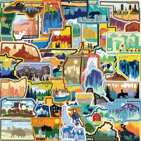 United States Map Stickers, Travel USA Map Stickers Pack, 50Pcs Funimost Waterproof Vinyl Stickers for Water Bottles Laptop Guitar Computer Phone Scrapbook Car Decals, Graffiti Stickers for Kids Teens Adults (Map) in Kuwait