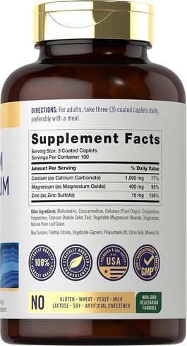 Calcium Magnesium Zinc | 400 Caplets Value Size | Vegetarian, Non-GMO, Gluten Free Supplement | by Carlyle in Saudi Arabia