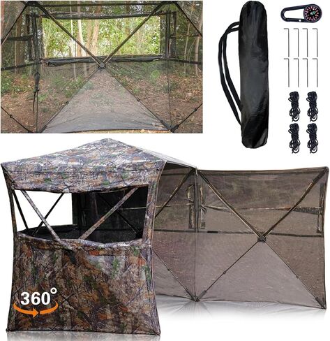 Beviliu Hunting Blind 270/360 Degree See Through Ground Blind with Carrying Bag, 2-4 Person Pop Up Camouflage Tent Portable Concealed Shelter in Kuwait