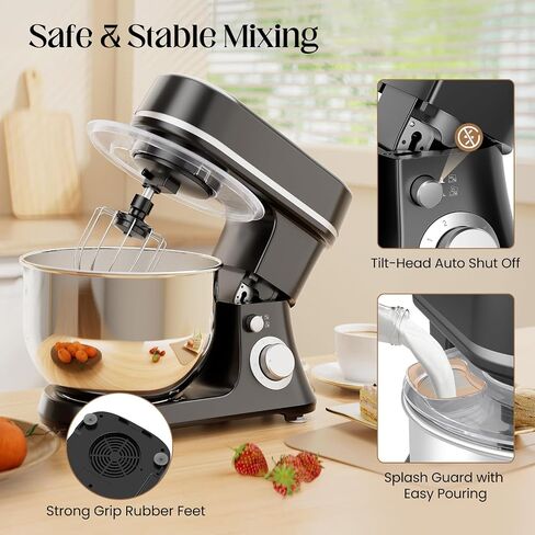 800W Stand Mixer with 5.3QT Bowl, 6-Speed with Pulse Electric Kitchen Mixer, Food Mixer with Dough Hook, Whisk, Beater Tilt-Head & Non-Slip Base for Cookie, Cake, Bread & Baking-Black in Kuwait