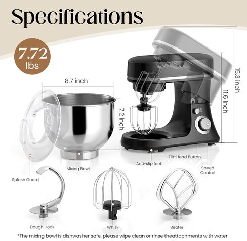 800W Stand Mixer with 5.3QT Bowl, 6-Speed with Pulse Electric Kitchen Mixer, Food Mixer with Dough Hook, Whisk, Beater Tilt-Head & Non-Slip Base for Cookie, Cake, Bread & Baking-Black in Kuwait