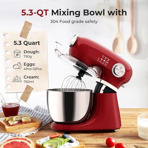Stand Mixer,12 Speed Tilt-Head Electric Mixer With 5.3 Quart Stainless Steel Mixing Bowl, Portable Kitchen Mixer With Whisk, Dough Hook, Beater & Baking Spatula, Red in Kuwait