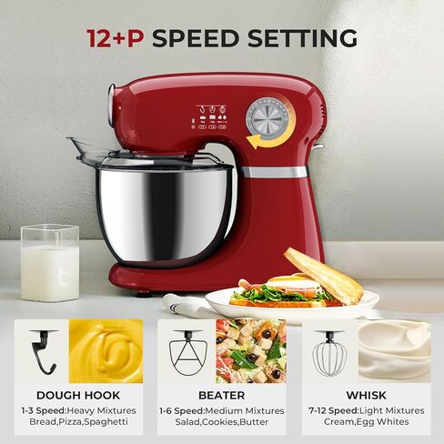 Stand Mixer,12 Speed Tilt-Head Electric Mixer With 5.3 Quart Stainless Steel Mixing Bowl, Portable Kitchen Mixer With Whisk, Dough Hook, Beater & Baking Spatula, Red in Kuwait