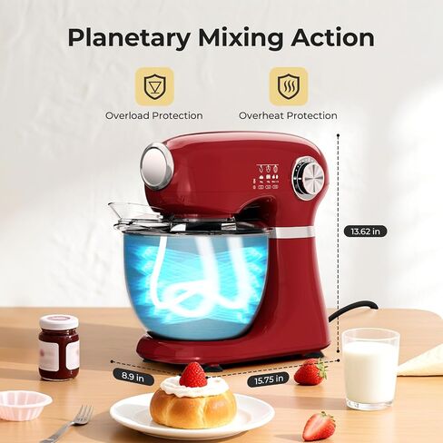 Stand Mixer,12 Speed Tilt-Head Electric Mixer With 5.3 Quart Stainless Steel Mixing Bowl, Portable Kitchen Mixer With Whisk, Dough Hook, Beater & Baking Spatula, Red in Kuwait
