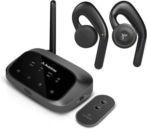 Avantree Oasis Plus 2 - جهاز إرسال Bluetooth للتلفزيون مع التحكم عن بُعد و Avantree TWS116 - سماعات اللاسلكية المفتوحة في الأذن ورسواف الشحن مع وعي محيط in Kuwait