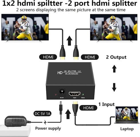 4K1x2 HDMI Splitter 1 in 2 Out, 2 Port Powered hdmi splitters for Dual Monitors Outputs,Mirror/Copy Screen only (Not Extend) 2 Way Splitter Support 4K2K@30Hz, 3D, for Office,PS4,Projector,HDTV. in Kuwait