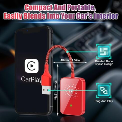 محول Wirelesss ، قابس نطاق 10 أمتار وتشغيل 5.0 جيجا هرتز نقل سريع مع إمكانات التحكم الصوتي ، متوافق مع أكثر من 98 ٪ سيارة لنظامي iOS ، فقط مناسبة لنظام التشغيل iOS ، ABS (أحمر) in Kuwait