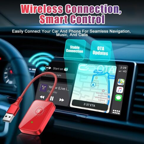محول Wirelesss ، قابس نطاق 10 أمتار وتشغيل 5.0 جيجا هرتز نقل سريع مع إمكانات التحكم الصوتي ، متوافق مع أكثر من 98 ٪ سيارة لنظامي iOS ، فقط مناسبة لنظام التشغيل iOS ، ABS (أحمر) in Kuwait