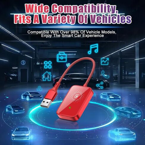 محول Wirelesss ، قابس نطاق 10 أمتار وتشغيل 5.0 جيجا هرتز نقل سريع مع إمكانات التحكم الصوتي ، متوافق مع أكثر من 98 ٪ سيارة لنظامي iOS ، فقط مناسبة لنظام التشغيل iOS ، ABS (أحمر) in Kuwait