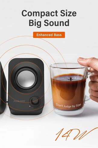 Speaker - 14W Stereo PC Speakers, USB Powered, Compact Size with 30° Tilt Design, Volume Dial Control, for Desktop, Laptop, Monitor, Gaming Consoles, Black in Saudi Arabia