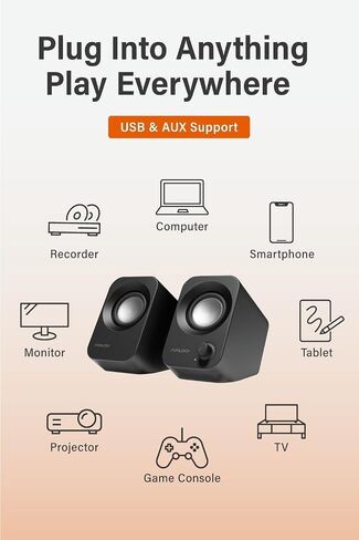 Speaker - 14W Stereo PC Speakers, USB Powered, Compact Size with 30° Tilt Design, Volume Dial Control, for Desktop, Laptop, Monitor, Gaming Consoles, Black in Saudi Arabia