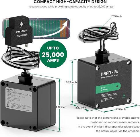 HSPD Square Square Chost Home Surge Protection Detection ، Type 1 SPD ، واقي زيادة في المنزل ، وحماية AC Surge ، 120/240VAC (HSPD-25) in Saudi Arabia