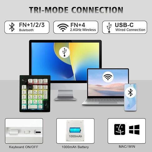 boyi gmk26 numpad الميكانيكية ، QMK/عبر قابلة للبرمجة BT5.0/2.4 جيجا هرتز/نوع حشية قابلة للتبديل الساخنة RGB اللوحة اللاسلكية لوحة المفاتيح الصغيرة القابلة لإعادة الشحن مع مقبض (أسود) in Kuwait