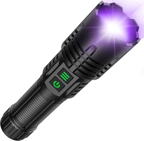 UV&High Lumens Flashlight Rechargeable, 2-in-1 Powerful Blacklight LED Flashlight Tactical 6 Modes Super Bright Waterproof Zoomable Detector for Pet Urine Curing Resin Camping Emergencies in Kuwait