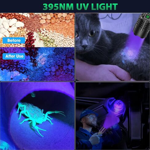 UV&High Lumens Flashlight Rechargeable, 2-in-1 Powerful Blacklight LED Flashlight Tactical 6 Modes Super Bright Waterproof Zoomable Detector for Pet Urine Curing Resin Camping Emergencies in Kuwait