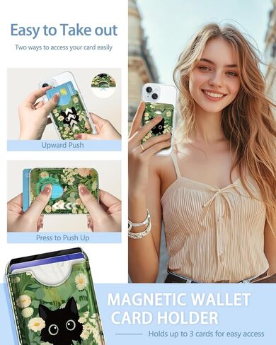 لمحفظة Magsafe Magnetic Phone ، حالة حامل بطاقة ائتمان مغناطيسية للقطط السوداء ، ونساء محفظة مغناطيسات نباتية RFID ، والتمسك بالظهر على iPhone 16 15 14 13 12 Pro Promax ، 3 بطاقات in Kuwait