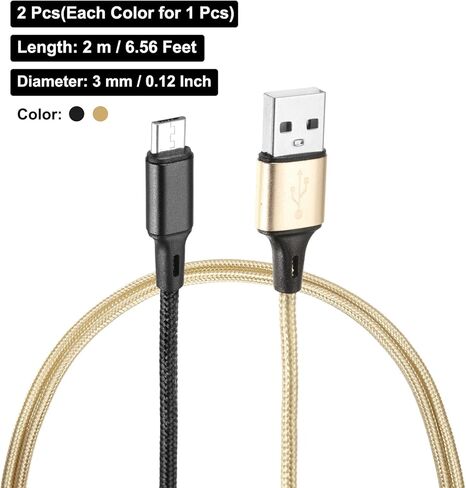 MECCANIXITY 2 Pcs Controller Charger Cable, 6Ft USB A to Micro USB Cable USB Cable Micro USB Cable Charging Cable USB Cable Fast Charging Phone Charger Cord, Gold/Black in Saudi Arabia