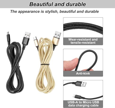MECCANIXITY 2 Pcs Controller Charger Cable, 6Ft USB A to Micro USB Cable USB Cable Micro USB Cable Charging Cable USB Cable Fast Charging Phone Charger Cord, Gold/Black in Saudi Arabia