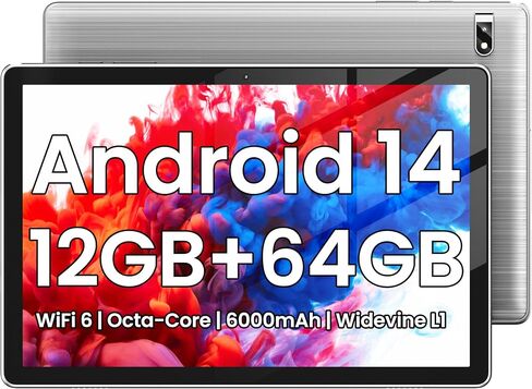 Tablet, 10.1 inch, Android 14 Tablets, Octa-Core, 12GB RAM + 64GB ROM (1TB Expand), 6000mAh Battery, 2.4G+5G Wi-Fi 6, 2MP+8MP Cameras, Bluetooth, 1280x800 FHD IPS (Gray) in Saudi Arabia