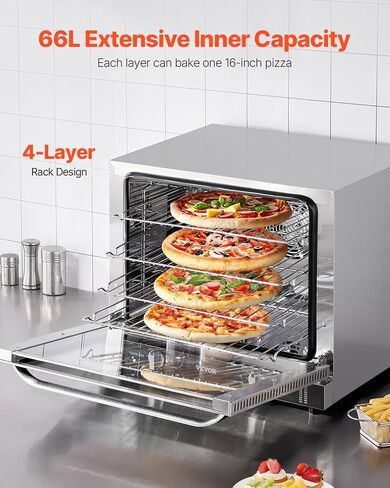 VEVOR Commercial Countertop Oven, 66L 4-Tier Toaster Ovens with Tempered Glass Door, Wire Racks Clip Tray Gloves, 2800W Electric Stainless Steel Baking Ovens for Restaurant Bakery (AC208~240V,60Hz) in Saudi Arabia