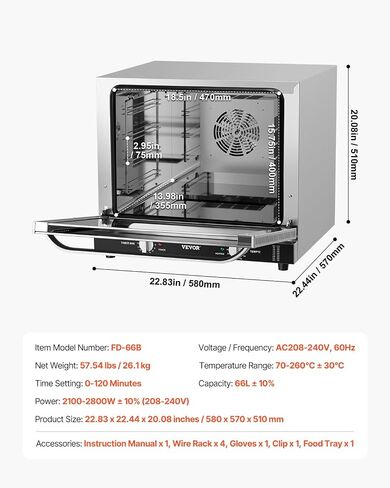VEVOR Commercial Countertop Oven, 66L 4-Tier Toaster Ovens with Tempered Glass Door, Wire Racks Clip Tray Gloves, 2800W Electric Stainless Steel Baking Ovens for Restaurant Bakery (AC208~240V,60Hz) in Saudi Arabia