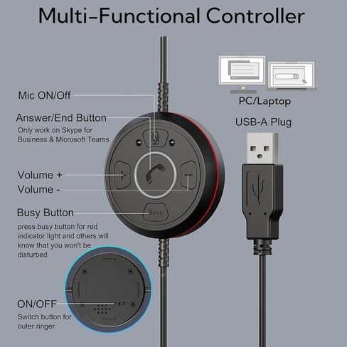 سماعة رأس USB من EMAIKER مع ميكروفون للكمبيوتر المحمول مع مؤشر الحالة لمركز الاتصال المكتبي، سماعة أذن واحدة خفيفة الوزن USB تعمل من أجل مكالمات المؤتمرات عبر الويب لإملاء Skype in Kuwait