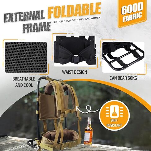 External Frame Hiking Backpack - Foldable Aluminum Hunting Pack Frame │ 60kg Load Capacity │ Adjustable Top Frame & Breathable Mesh for Camping, Hiking, Travel (Khaki) in Saudi Arabia