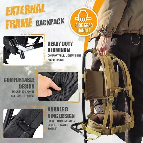 External Frame Hiking Backpack - Foldable Aluminum Hunting Pack Frame │ 60kg Load Capacity │ Adjustable Top Frame & Breathable Mesh for Camping, Hiking, Travel (Khaki) in Saudi Arabia