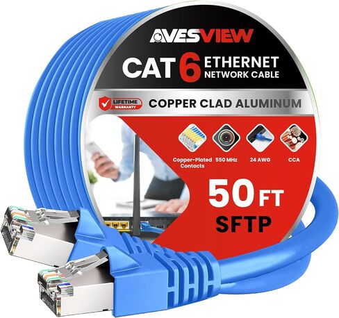 CAT 6 Shielded Ethernet Cable 50FT, Indoor High-Speed (SFTP) 10Gbps Snagless Shielded 50 FT Ethernet Cable for Internet, Router, Computer, PlayStation, Xbox, POE Camera, Printer - Blue in Kuwait