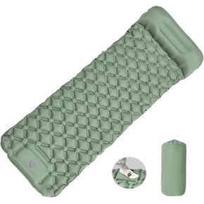 MEI&CO Ultra-Light Inflatable Sleeping Pad with Built-in Pillow & Foot Pump – for Camping, Hiking & Backpacking – Single Pad with Side Buttons for Double Conversion (1, Green)