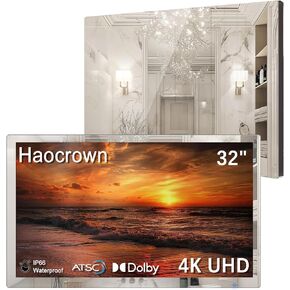 Haocrown 32" 4K Ultra HD Smart Bathroom Mirror TV, IP66 Waterproof, Android 13 System with Voice Remote ATSC Tuner, 500 cd/㎡ High Brightness (Black Frame, 2025 Model)