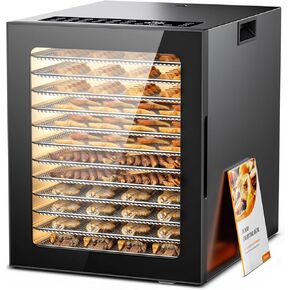 Food Dehydrator 12 Trays Stainless Steel - 850W Large Dryer for Jerky, Fruit, Meat, Herbs, Mushroom with Digital Timer & Glass Door