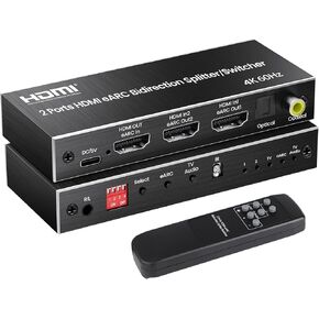 4K@60Hz HDMI eARC Splitter 1 in 2 Out, avedio links HDMI Switch 2 in 1 Out with eARC/ARC Audio Extractor, HDMI eARC Bi-Direction Switch for Soundbar Support Optical Toslink SPDIF, Coaxial (Black)