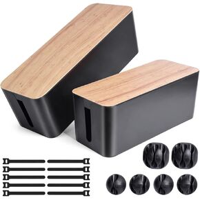 Cable Management Box, 2 Pack Large & Medium Cable Organizer Box with 17 PCS Cable Management Set, Cord Organizer Box to Hide Surge Protector on Desk or Floor (White)