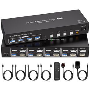 HDMI Displayport KVM Switch 4 Computers 2 Monitors 8K 60Hz 4K 120Hz 4 Port Dual Monitor KVM Switches for 4PC Share Four USB Device Support Copy and Extend Mode Includes Some Accessories Used