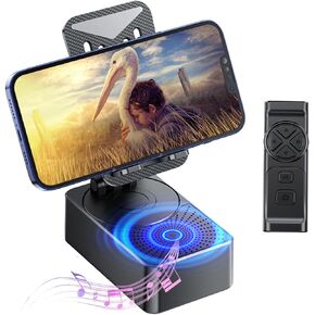 موقف الهاتف مع مكبر صوت مع Bluetooth 5.3 ، وقف الهاتف مع التحكم عن بعد وارتفاع/زاوية قابلة للتعديل ، قاعدة سيليكون غير قابلة للانزلاق ، محمولة للمنزل/المكتب/في الهواء الطلق ، والهدايا للرجال المراهقين الآباء والأمهات