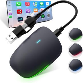 Wireless Carplay Adapter for iPhone,RGB Tail-light Mini Size Bluetooth 5.3 WiFi 5.8 GHz,Plug and Play Convert Wired to Apple Carplay Wireless Adapter,Connect Stable No Delay Lag(USB-A/Type-C Port)02B