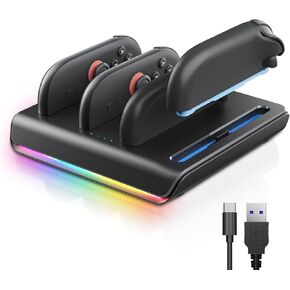 Joycon Charger Dock for Switch 2, 4-in-1 Switch 2 joycon Charging Dock with 8 RGB Lighting Modes, LED Indicators, 5V/2A Fast Magnetic Charging, Circuit Protection, and USB-C Cable (Black)
