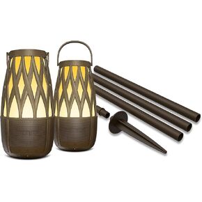 ION Audio Tahiti Pair Outdoor Bluetooth Speakers with Solar Panel, Tiki Torch Lights, IPX 5 Waterproof, 360 Sound and Multi-Sync for Garden, Patio (Renewed)
