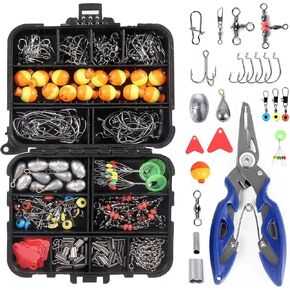 264pc Fishing Tackle Accessories Kit with Tackle Box - Including Jig Hooks, Weights, Floats, Bobber Stop (Red)