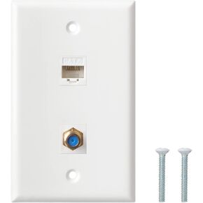 Ethernet Coax Wall Plate - Cat6 F Type Wall Plate, 1 Port Cat6 Keystone and 1 Port F Type Connector Coax Keystone - White