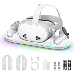 رصيف الشحن المغناطيسي لـ META Quest 3S/3/2-20W PD محطة الشحن السريع مع ضوء LED RGB والبطاريات القابلة لإعادة الشحن وكابلات ومحول USB-C لسماعات الرأس/VR (Q22)